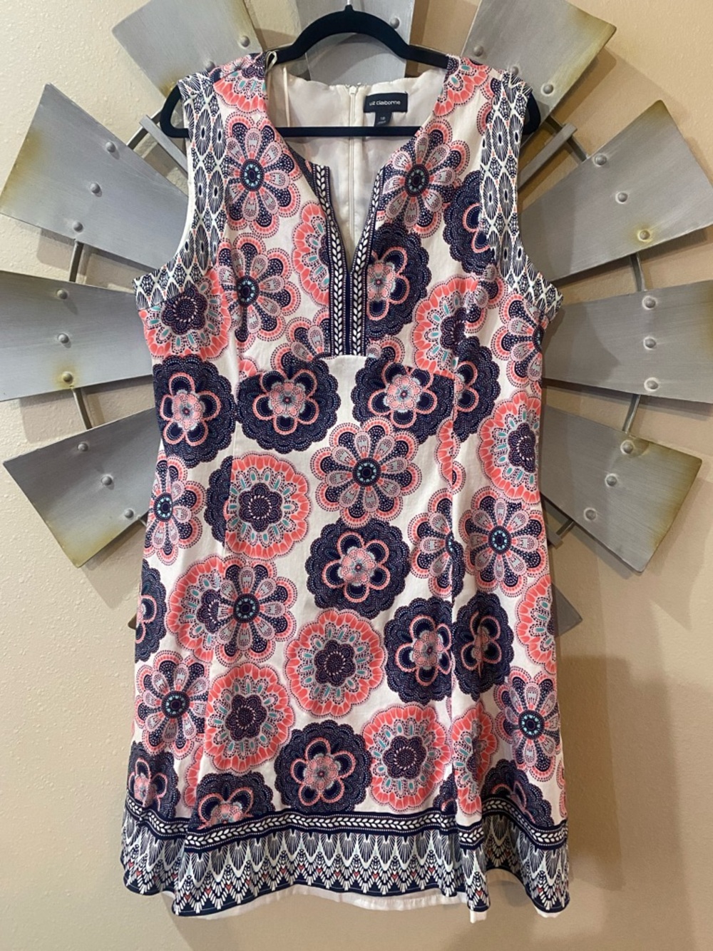 Liz Claiborne Geometric Coral Pink & Navy Floral Sleeveless Fit and Flare Dress